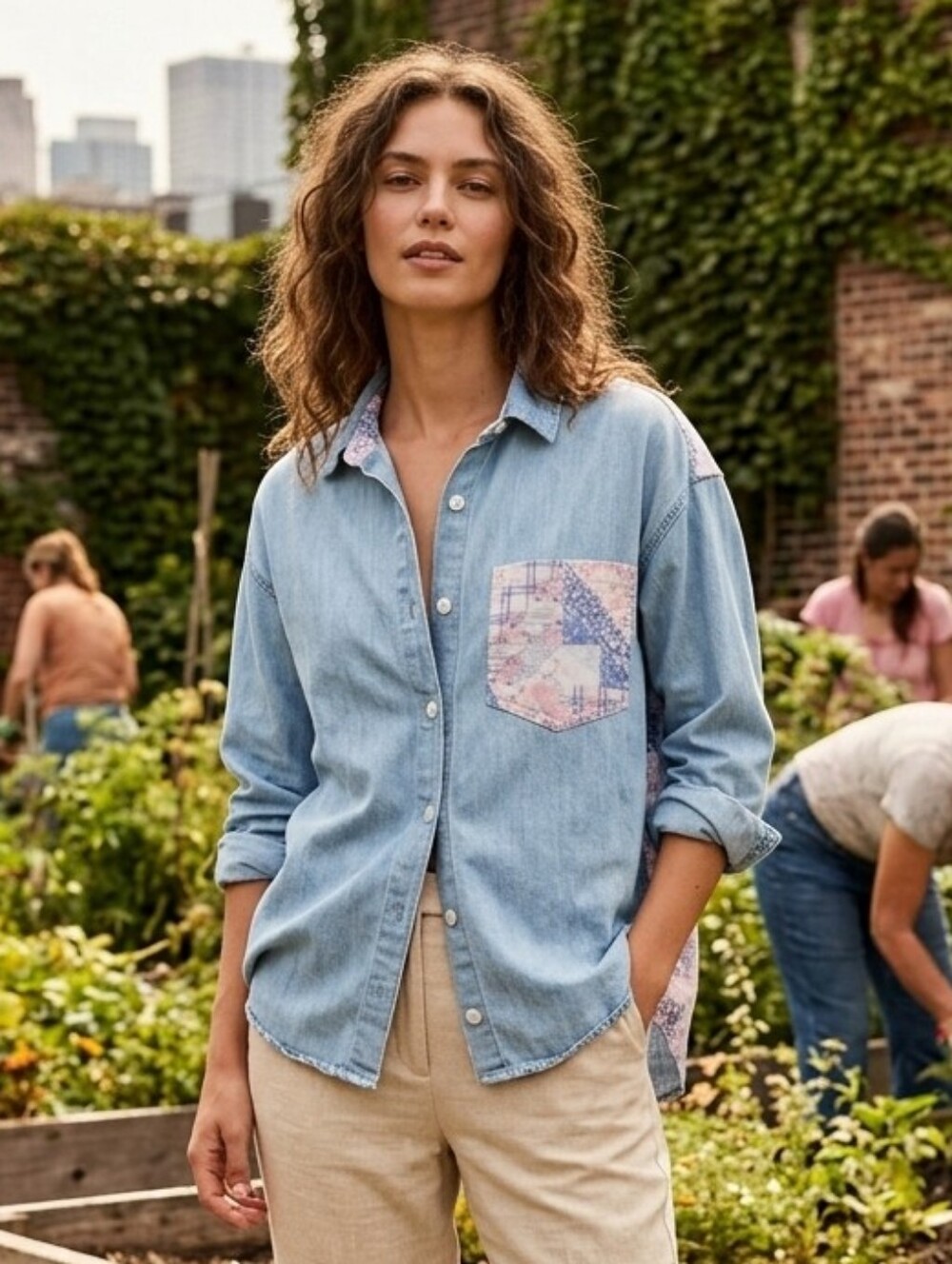 Women's Light Blue Denim Chambray Patchwork Quilt Yoke Button Up Shirt Size M/L - Picture 1 of 7